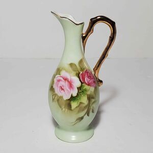 Lefton Green Heritage Small Pitcher Pink Roses Vintage